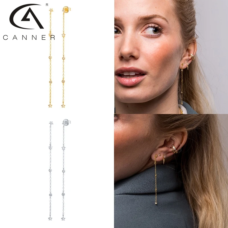 CANNER Geometric Line Earrings for Women 925 Silver Star Tassel Long Chain Hanging Drop Earing 2023 Trendy Fine Jewelry kolczyki - Image 5
