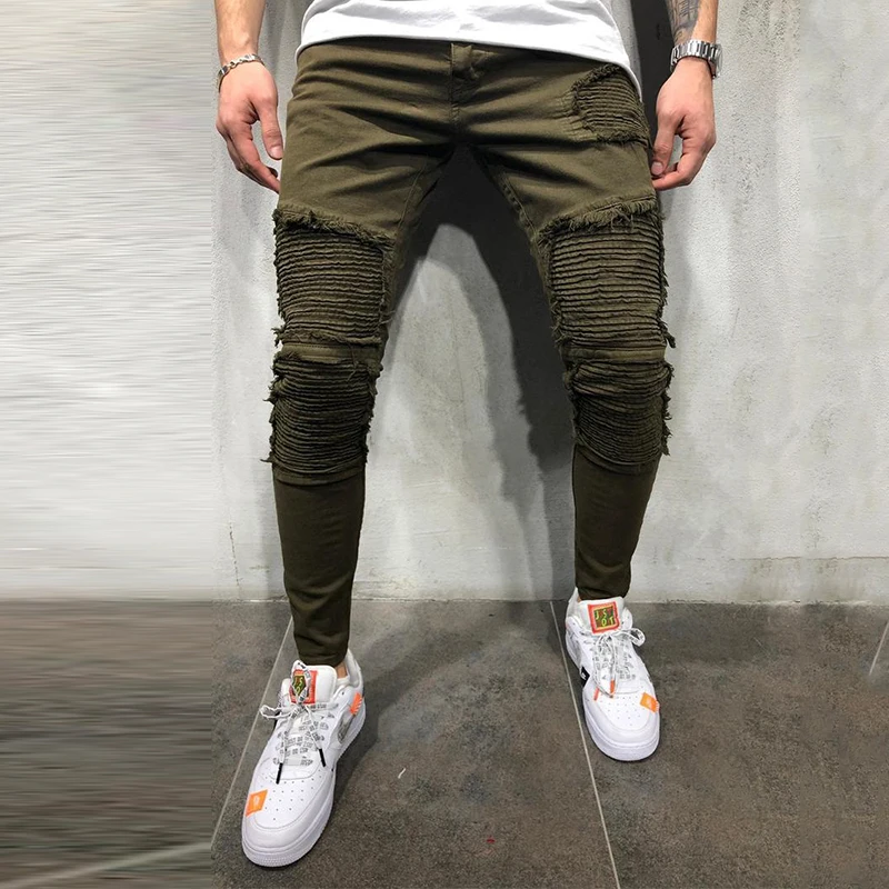 Online OLOME Armee Grün Plissee Dünne Jeans Männer Stretch Moto Biker Jeans Bleistift Hosen Herren Denim Jogger Streetwear Jeans für Männer