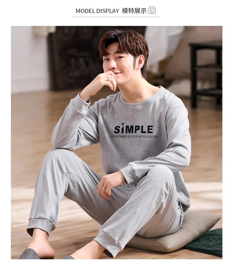 mens silk pajama set Spring Autumn Men's Cotton Pajamas Set Letter Simple Sleepwear Gray Pajama Casual Sleep&Lounge Pyjamas Plus Size L-4XL Pijamas mens designer pjs