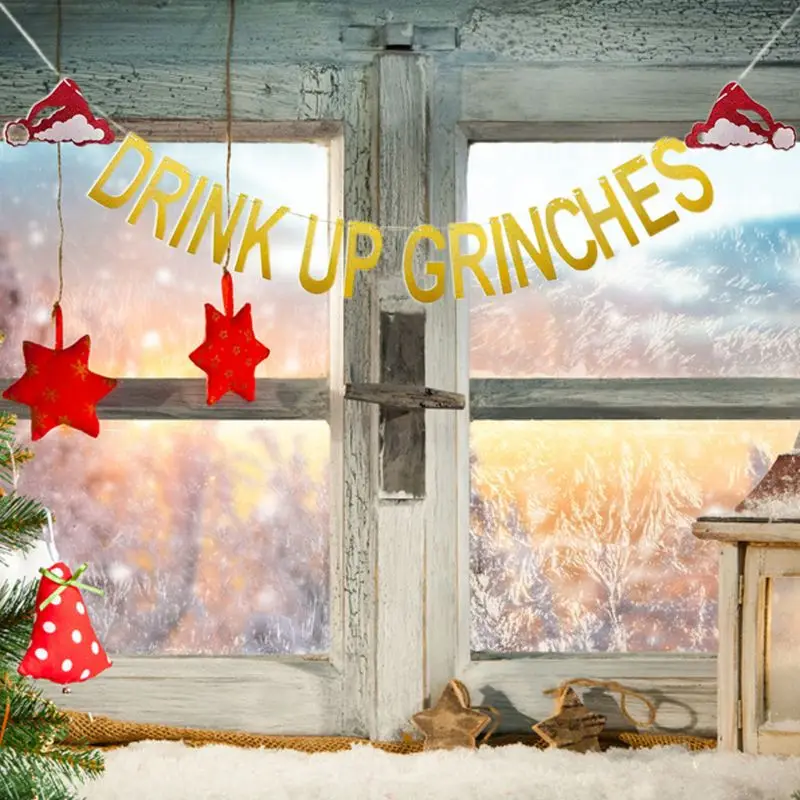 2 шт. Золотая блестящая Рождественская шляпа для питья, баннер-Drinch, украшения для рождественской вечеринки, украшения для Grinch, Рождество D5BD