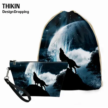 

THIKIN 2pcs Set Women Drawstring Bag Moon Wolf Printing Children Back Pack for Teen Girl Custom Logo Cosmetic Pouch Female Drop