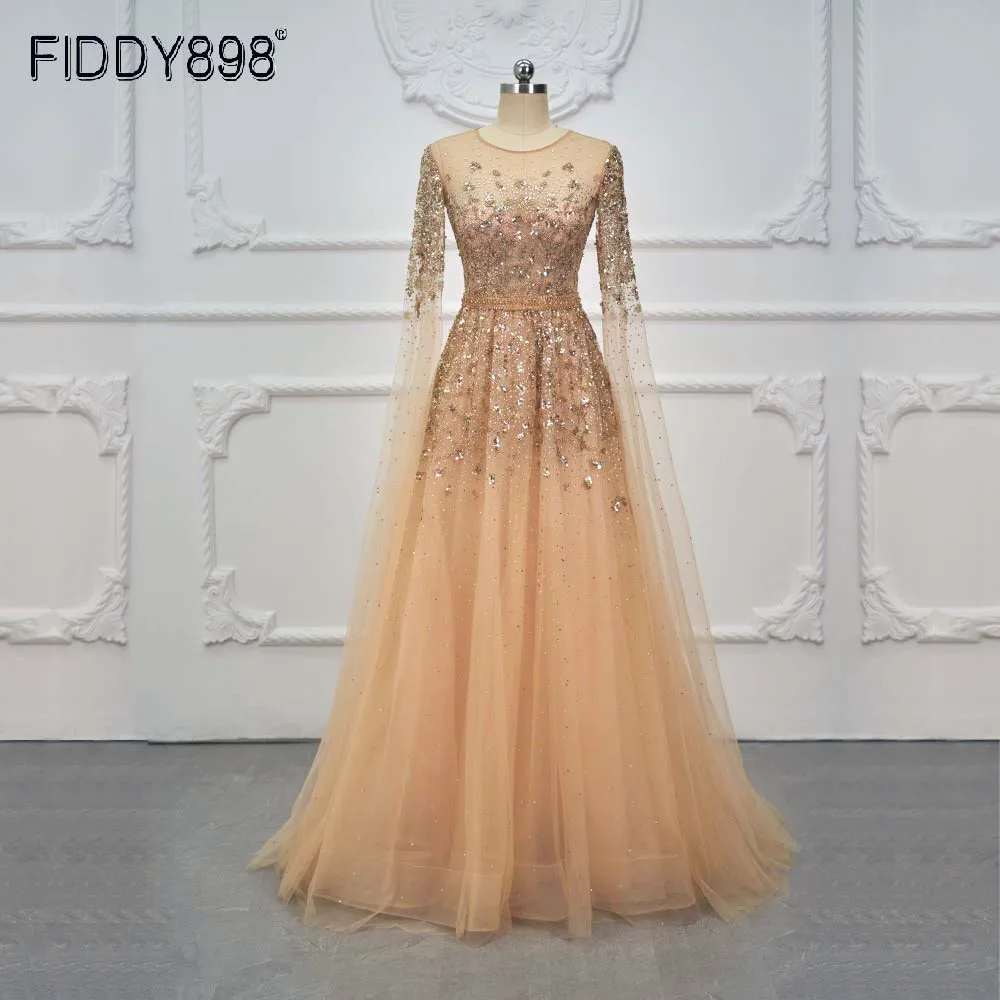 Dubai Luxury Evening Dress Long Sleeves Aline Sequins Beaded Prom Dress Women Formal Party Gown