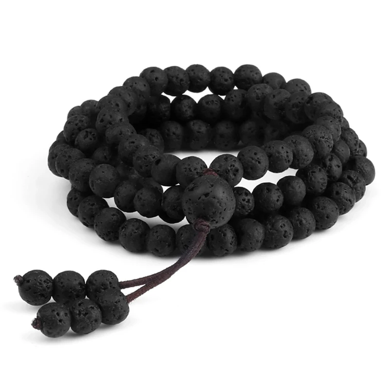 6mm Black Natural Lava Stone Bracelet Meditation Prayer Yoga 108 Mala Beads Necklace for Women Men