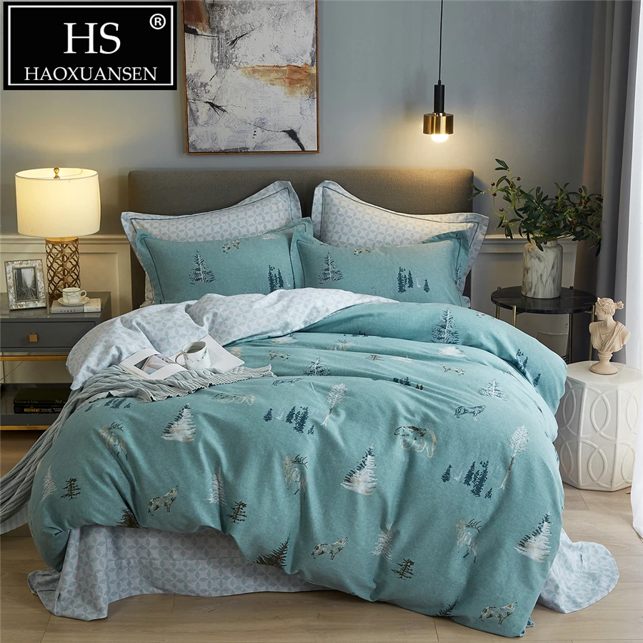 

Northern Animals Trees Printed Cotton Sanding 4pcs Cadet Blue Heavy Duvet Cover Flat Sheets Shams Set Queen King Size