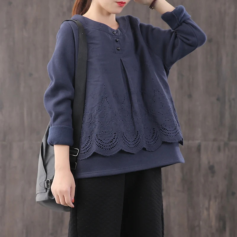 dark blue Винтажная многослойная Свободная Женская толстовка с круглым вырезом 3130-YP - Цвет: dark blue