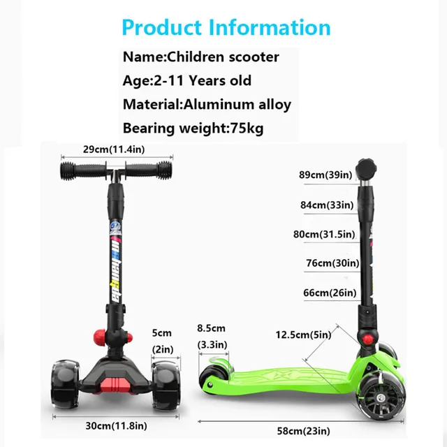 Baby Shining Children Scooter Foldable Adjustable Height Easy Turning 3 Wheel Scooter Kids Boys Girls Flashing Wheels 6