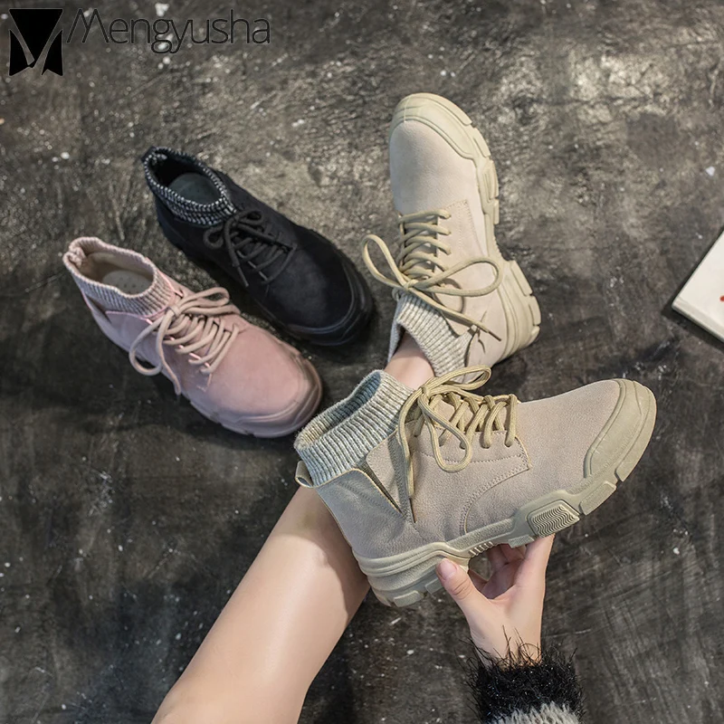 Студенческие Ботинки Martin; botines; плюшевые зимние носки; женские шерстяные замшевые зимние ботинки на шнуровке; однотонные ботильоны на плоской платформе; цвет розовый