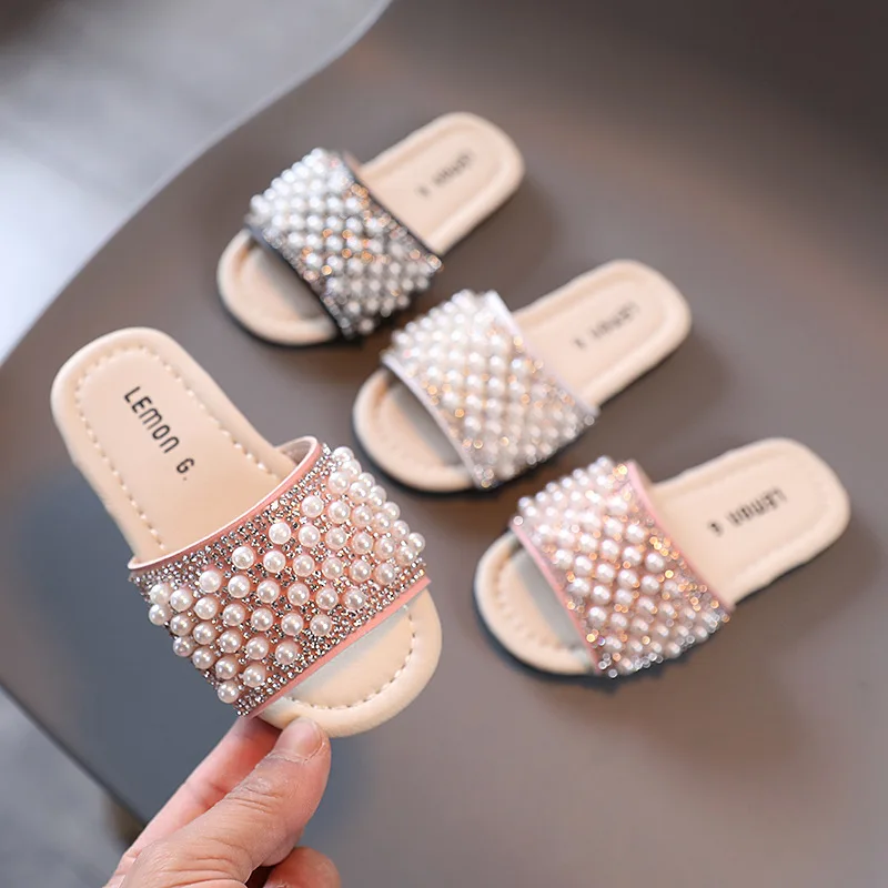 Zapatillas de princesa para niñas, sandalias deslizantes de playa, bañera para nadar, zapatillas ostentosas con perlas, suaves y Chic, verano 2021