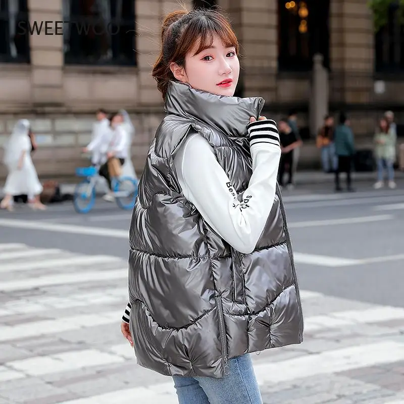 Women's Shiny Autumn Winter Puffer Vest Solid Casual Ladies Sleeveless  Jacket Zipper Stand Collar Waistcoat for Female