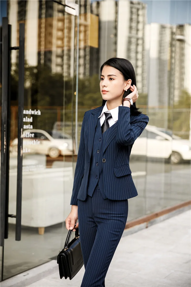 Fashion Striped Women Blazers Jackets Coat Business Work Wear Autumn Winter Uniform Styles Female Tops Outwear Clothes
