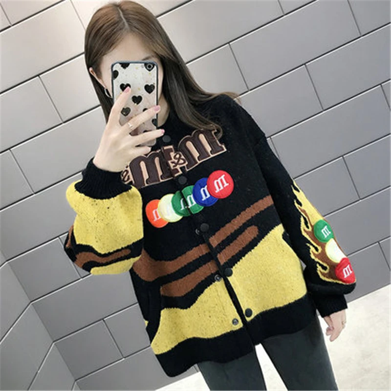 Black yellow Вязаный женский кардиган пальто весна осень свободный ленивый ветер уличное искусство модный кардиган свитер пальто Tide hh00159 - Цвет: Black yellow