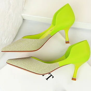 

2020 Spring Fall Fashion Women Pink Neon 6cm Thin High Heels Pumps Tacones Glitter Kitten Low Heels Soft Leather Korean Shoes