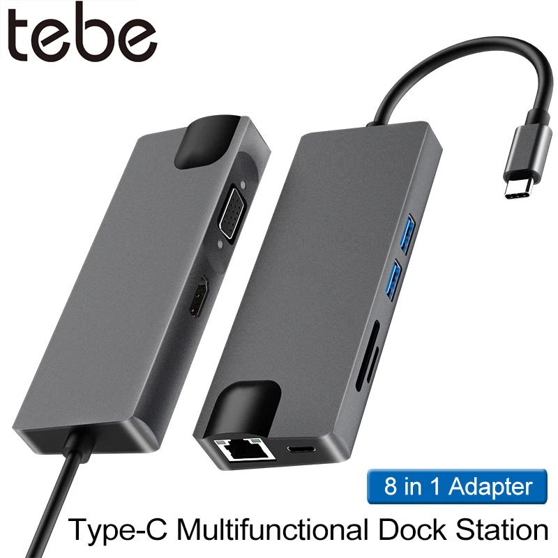 

tebe TYPE-C to HDMI 8 in 1 Hub USB type-c docking station USB-C to HDMI Card Reader RJ45 VGA USB3.0*2 Ethernet Adapter