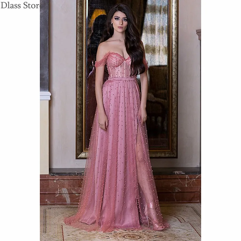 

Evening Dresses 2020 Sexy Off Shoulder See Through Pearls Tulle Elegant Split A-line Sweetheart Neck Prom Dress  