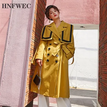 

2019 New Autumn And Winter Fashion Solid Color Retro Stitching Double-breasted Tie With Long Trench Coat WomenD302