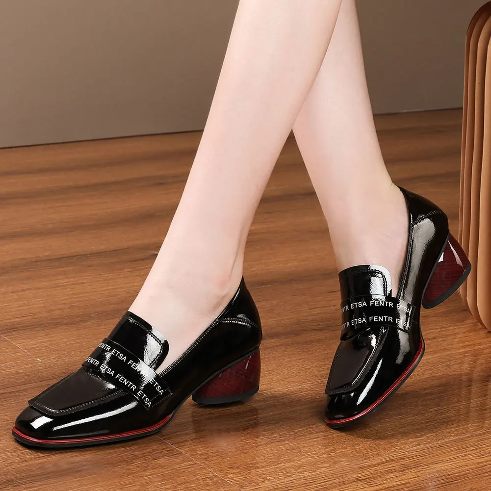 

SARAIRIS 100% Genuine Leather patent leather chunky Heels square Toe Shoes Woman elegant sllip on office Pumps shoes women