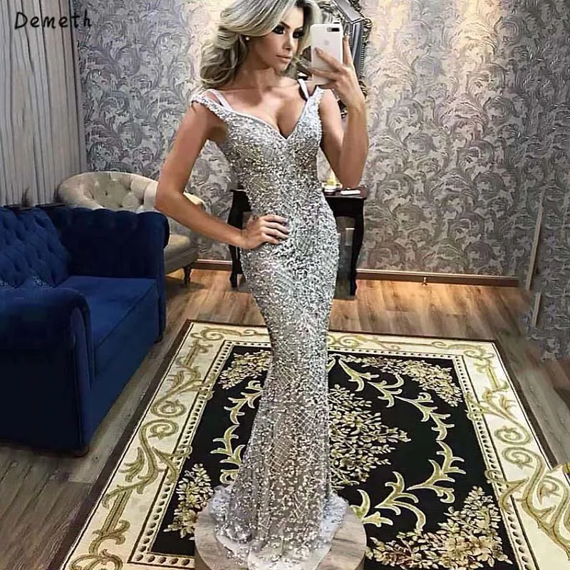 

Grey Off Shoulder Evening Dresses 2019 Dubai Luxury Mermaid Evening Gowns Beading Diamont Sequin robe de soiree