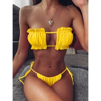 Sexy Bikini 2021 Pleated Bandeau Swimsuit Female Swimwear Women Mini Thong Bikini Set Bather Swimming Beachwear for Bathing Suit 3