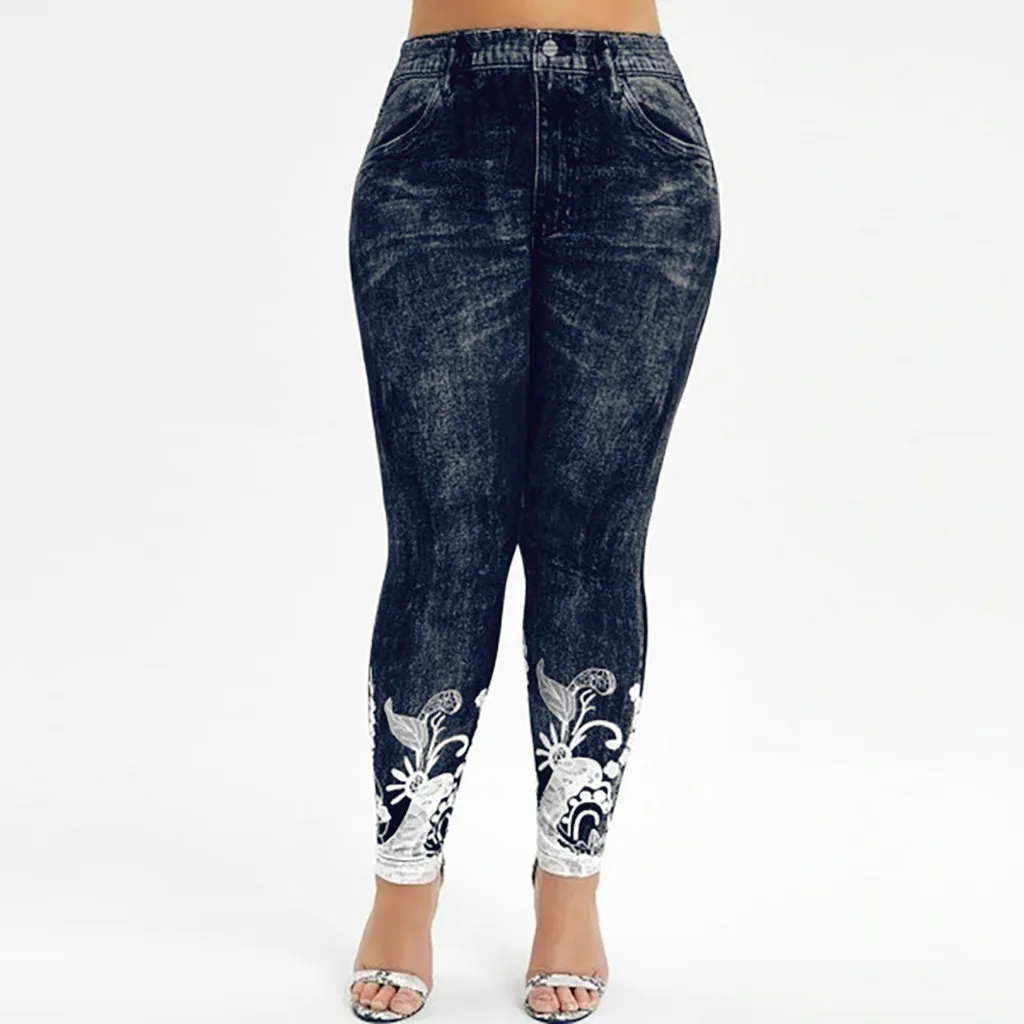 Женские джинсовые леггинсы для фитнеса с принтом для бега в спортзале стрейч спортивные штаны лосины джинсовое платье, как плюс размер