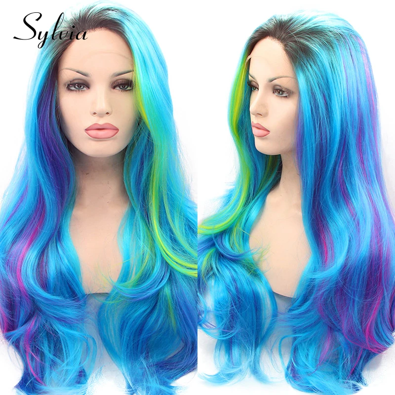 Blue Green Yellow Purple Pink Rainbow Highlight Color Ombre Body Wave Synthetic Lace Front Wigs For Women Lolita Cosplay Frontal