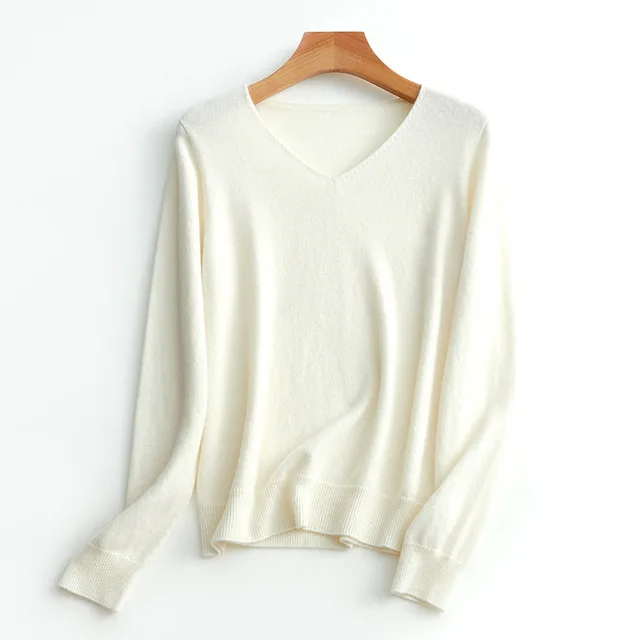 SuyaDream Women Sweaters High Quality 100%Cashmere Basic V neck Pullovers 2021 Fall Winter Simple Chic Knit Wear white