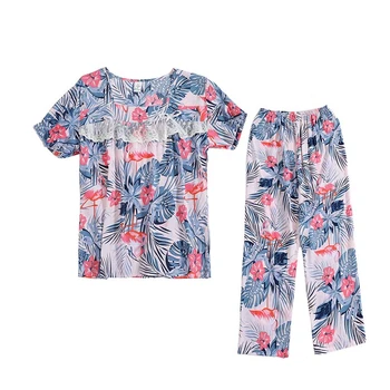 

Summer Autumn Women Sleep Pajama Sets V Neck Thin Floral Female Sleepwear Home Casual Breathable Full Sleeve Length Nightwear