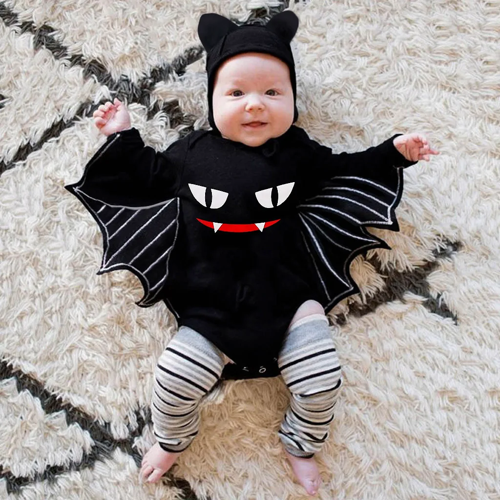 Cute Chidlren Kids Suits Newborn Baby Boys Girls Clothing Set Halloween Cosplay Costume Print Romper Bodysuit+Hat Outfits