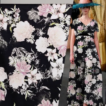 

The Cloth Black Flowers Digital Printed Elastic Satin Drill Fabrics Garment Materials Autumn Dress The Sewing Cloth Fresshipping