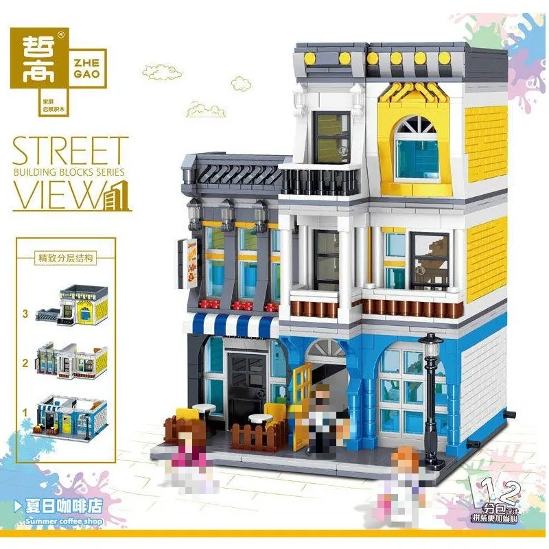 

ZHEGAO QL0934 Creator MOC Street View Series Summer Coffee Shop Building Blocks 1278pcs Bricks Toys Sets Compatible Creator