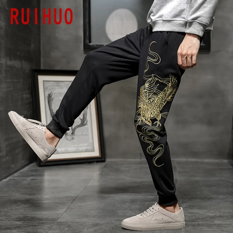 RUIHUO брюки с вышивкой орла, мужская Японская уличная одежда, спортивные штаны, мужские брюки для бега, брюки мужские тренировочные в стиле хип-хоп, 5XL, осень