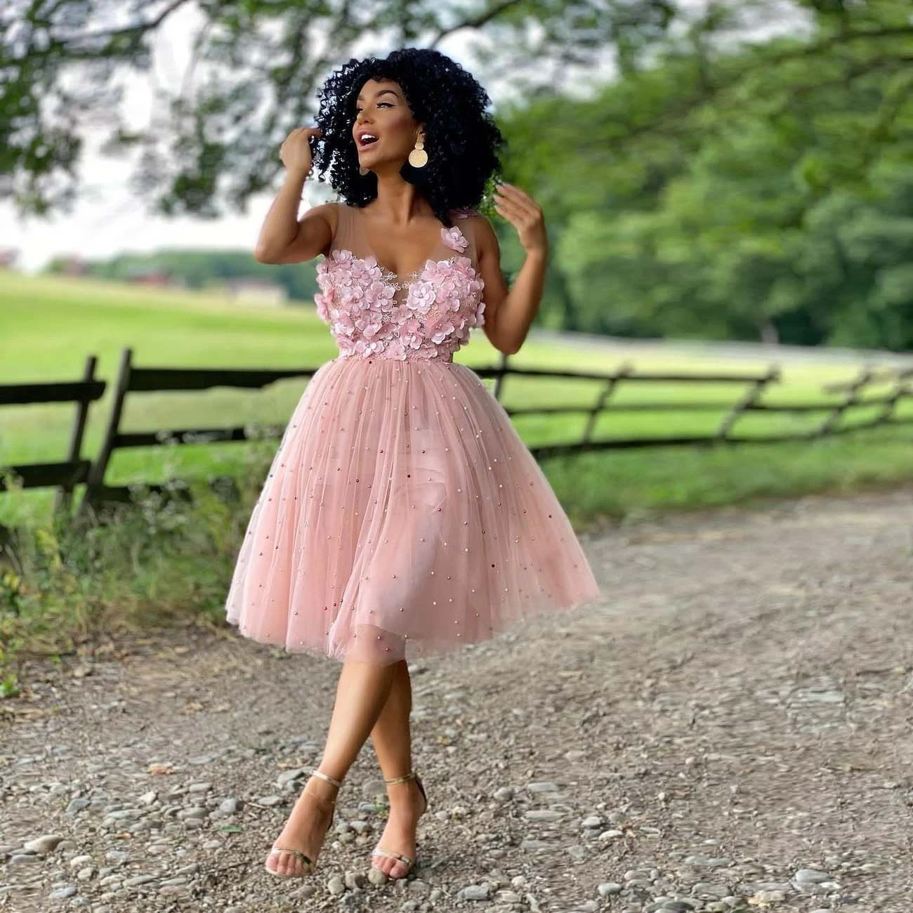 Vestidos de tul con cuello en V para mujer, vestido de fiesta de flores 3D sin espalda y con abalorios para baile de graduación|Vestidos de graduación| -