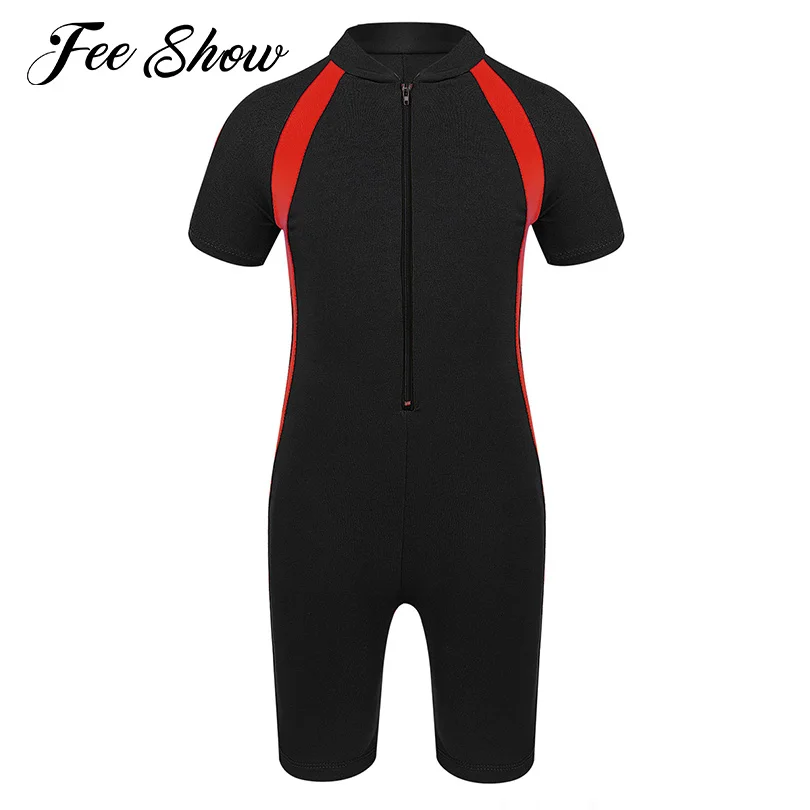 Kids Girls One-piece Rashguard Swimsuits Swimwear Short Sleeves Zippered Shorty Bathing Suits Rash Guards UPF 50+ sun protection