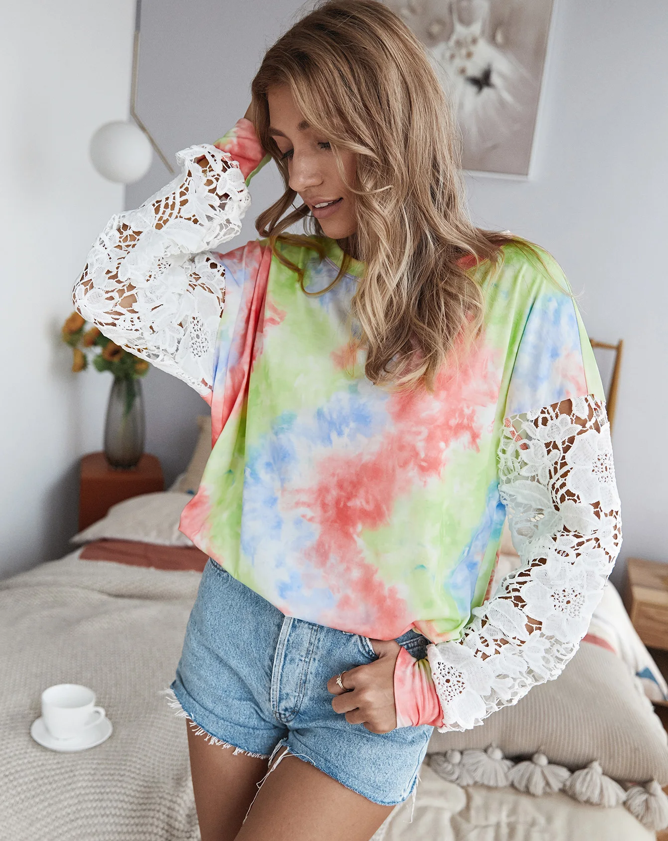 Jessie Vinson Long Sleeve T Shirt Women Chic Lace Sleeve Tie Dye Print Tshirt Autumn Casual Loose Tops Female Tee Clothing 2020