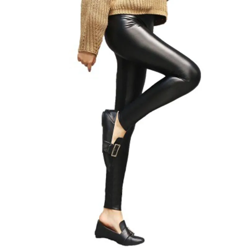 

Womens Autumn Winter Warm PU Leather Leggings Thick Plus Velvet Leggings Fashion Black Leather Plus Size Slim Pencil Pants