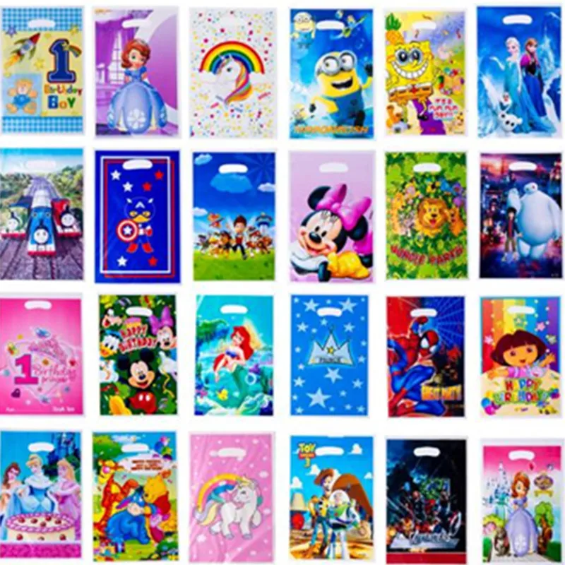 

6pcs/lot Gift Bag Birthday Decoretions Cartoon Princess Spiderman Unicorn Minnie Mickey Mouse Plastic Candy Bag for Baby Shower