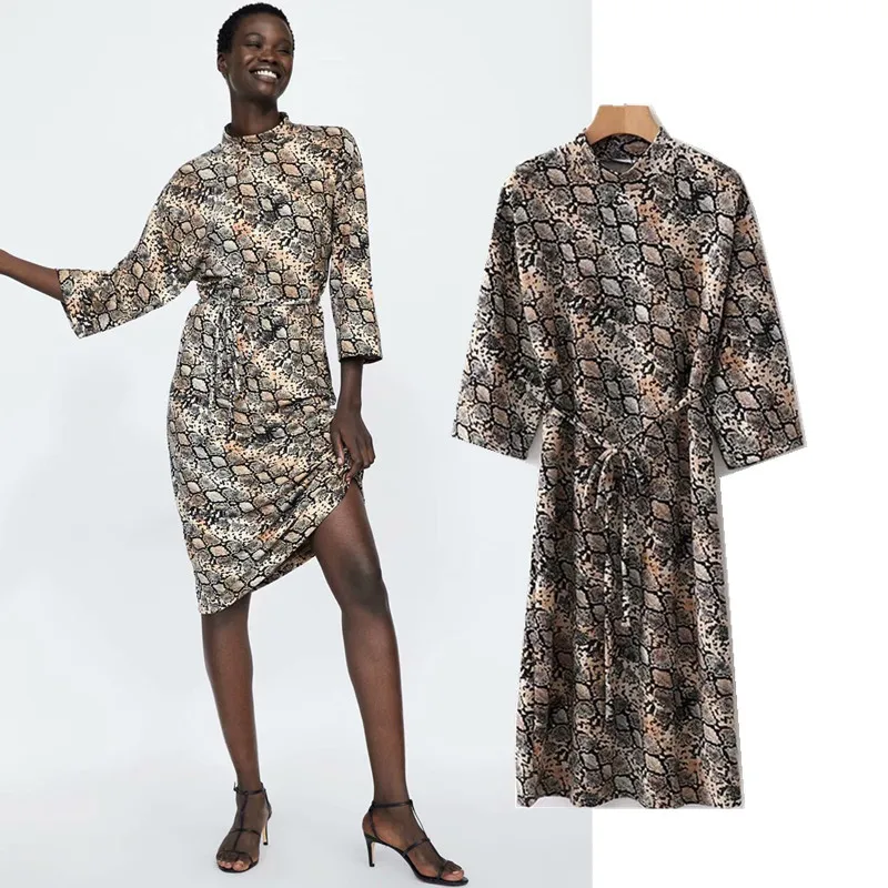 

Sf1078-1693-Europe And America Fashion WOMEN'S Dress Snakeskin Printed Lace-up Dress