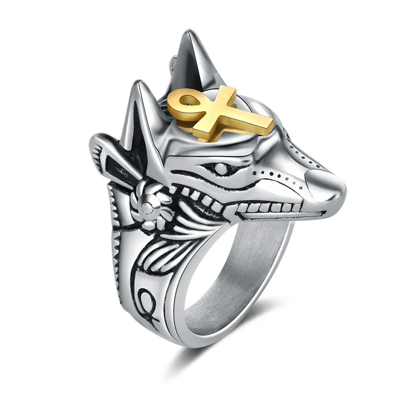 1 шт., мужское, Женское кольцо для самозащиты, кольцо в стиле панк, Анубиса, египетский крест, зверь, анти-волк, кольцо на палец, титановая сталь, винтажные кольца в виде волка