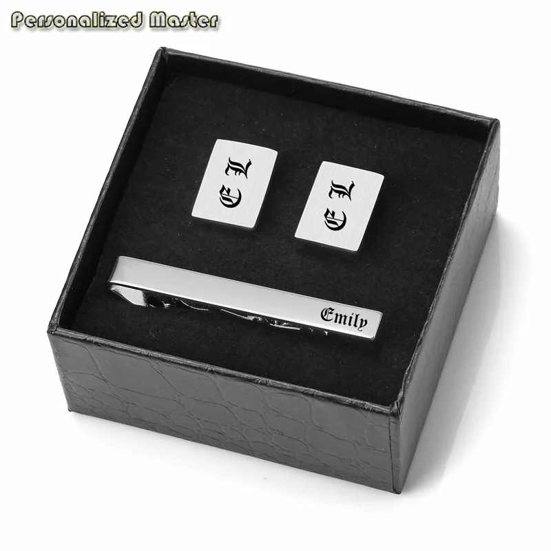 Personalized Master Custom Engrave Inital Name 3pcs Stainless Steel Cufflinks and Tie Clip Bar Set for Men Fathers Day gift