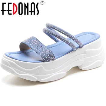 

FEDONAS 2020 Summer Sandals For Women Rhinestone Square Toe Ladies Shoes Sweet Platforms Flats Lace Up Party Dancing Shoes Woman