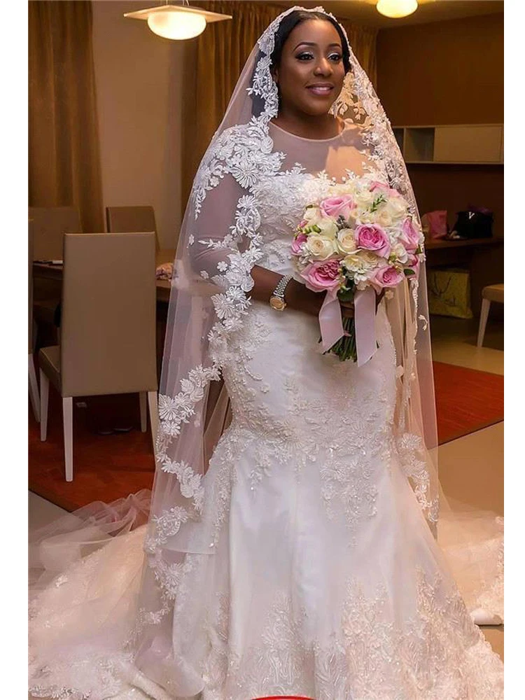 vestido de casament African Mermaid Plus Size Lace Appliqued Wedding Dresses 2020 Illusion 34 Sleeves Ruffled Train Bride Dress (2)