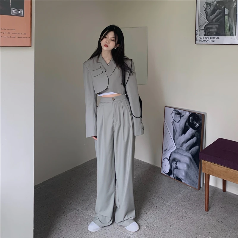 Design sense of navel long-sleeved small suit jacket, high waist drape, straight-leg casual mopping pants two-piece suit