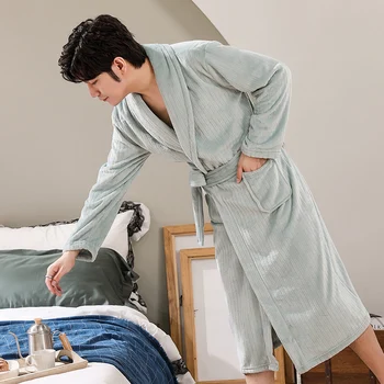 

Men Sleepwear Kimono Bathrobe Gown Winter Thicken Flannel Nightgown Nightwear Casual Homewear Coral Fleece Negligee