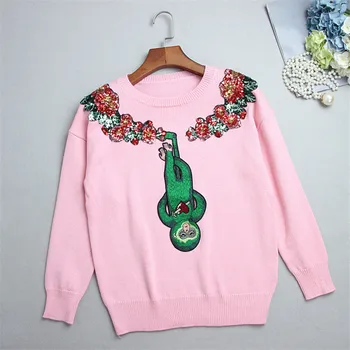 

Ruanway Sequins Beading Knitted Sweater Women Drop Sleeve Winter Pullovers Monkey All Match Jumper Pink Pull Femme Animal Tops