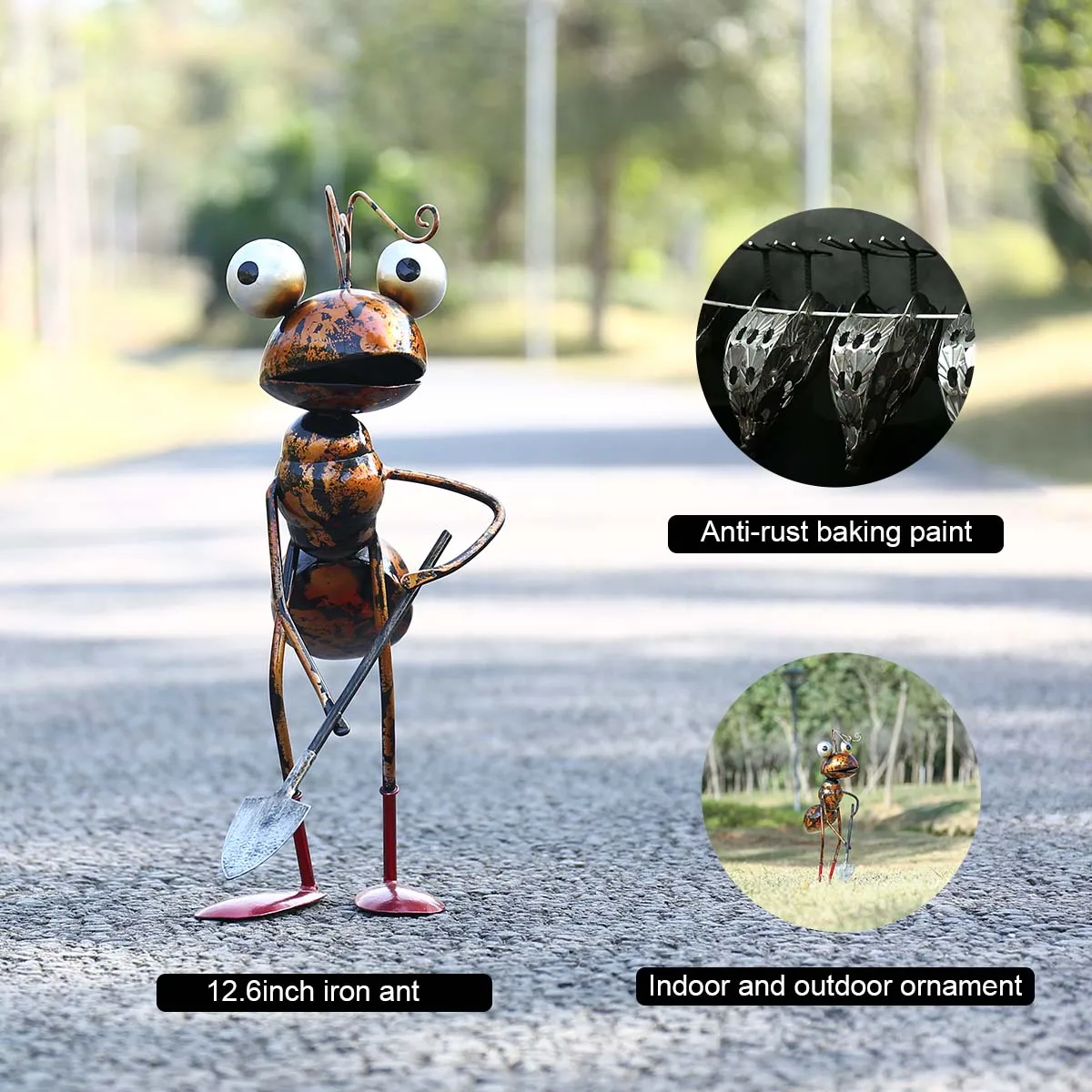 Tooarts 13inch Ant Sculpture Iron Cartoon Ant With Removable Bucket Garden or Desk Decor Succulent Flower Pot Trinket Storage