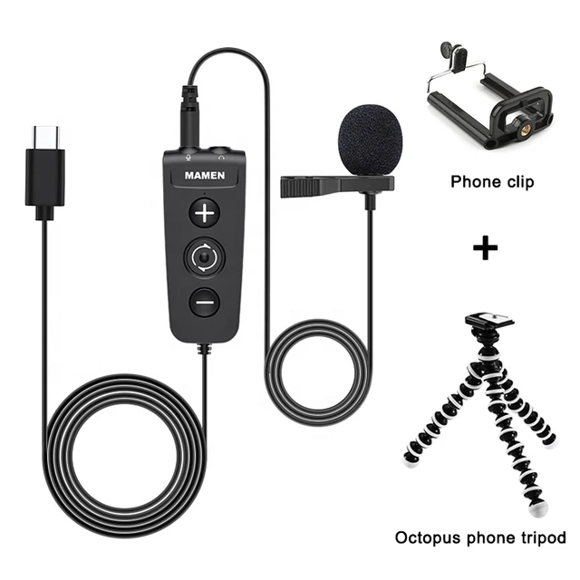 MAMEN Voice-changing Recording MIC Type-C Plug Lavalier Microphone with 6 Sound Effect for Android iOS Smartphone Live Streaming MIC-LS01-Tripod