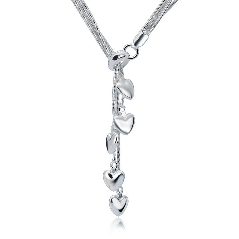 Charmhouse 925 Sterling Silver Necklaces For Women 5 Lines Snake Chain Heart Pendant Necklace Collier Fashion Jewelry Bijoux