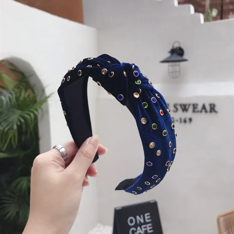 191010 navy Vintage Colorful Rhinestone Hair Bands For Women Hair Clips Velvet Turban Headband Girls Hair Accessories haar accessoires - Цвет: 191010 navy