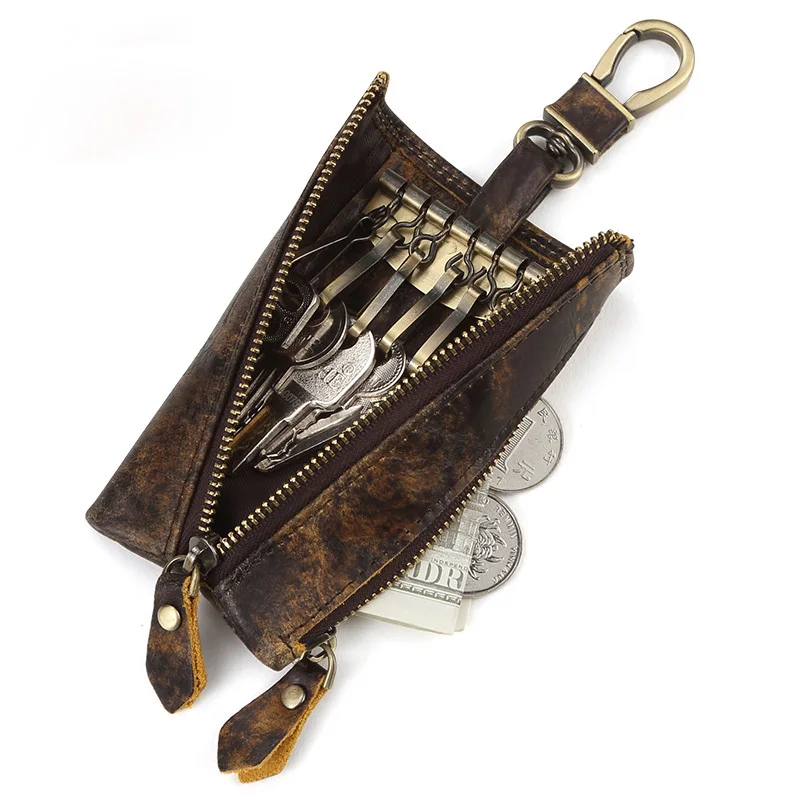 

Genuine Leather Key Wallet with Zipper Coin Pocket Metal Key Holder Housekeeper Organizer Male Keychain Vintage Covers Key Case