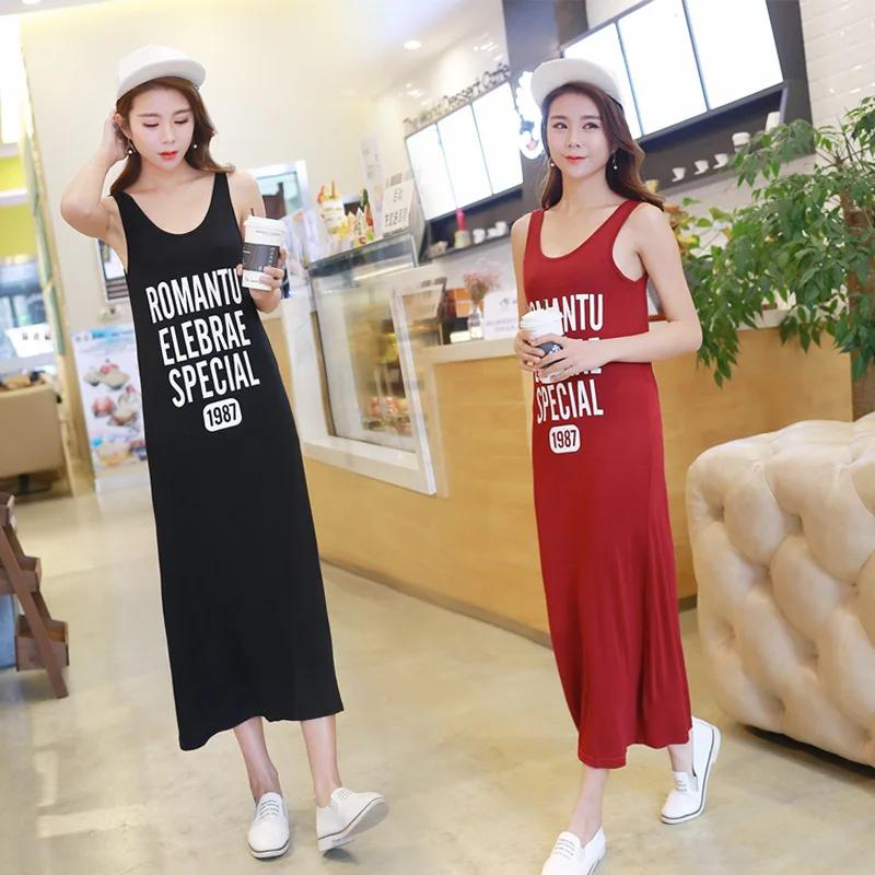 

2019 Summer New Style Cotton Lettered with Numbers Printed Long Sundress Women's Slim Fit Base Strapped Dress