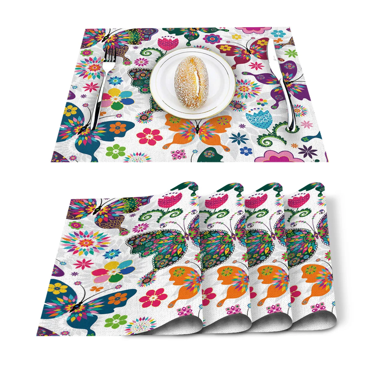4/6pcs Set Table Mats Butterfly Flower Floral Printed Table Napkin Kitchen Accessories Home